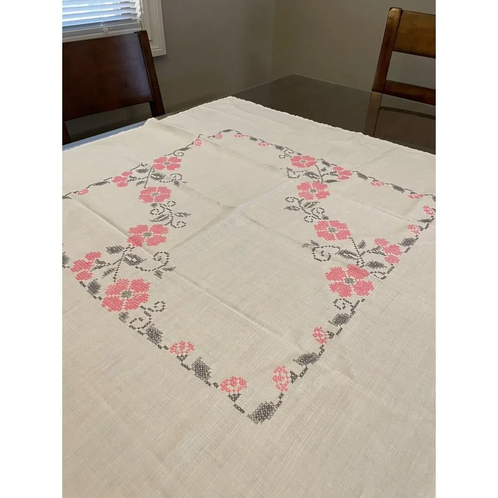 Vintage Cross Stitch Tablecloth Used Pink Gray
